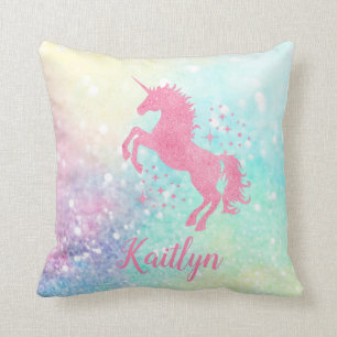 Personlig Rosa Glitter Unicorn och Rainbow Kudde