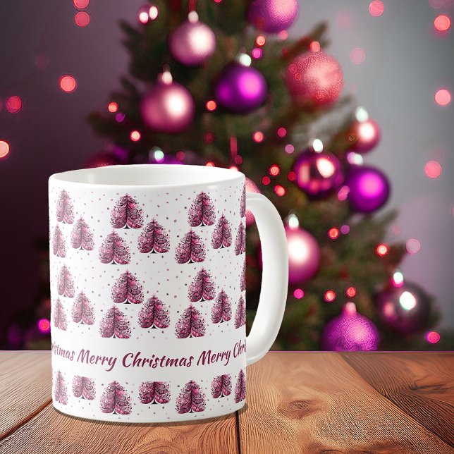 Personlig Rosa God jul Träd Kaffemugg (Personalized Pink Merry Christmas Tree Coffee Mug)