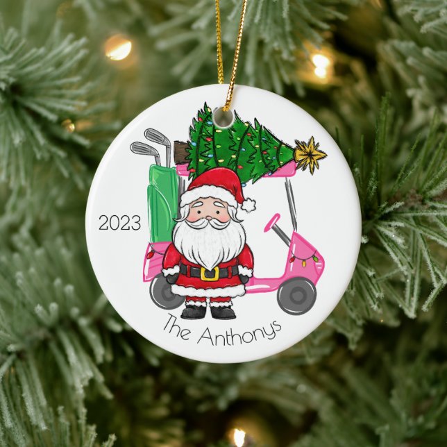 Personlig Rosa Golf Cart Santa Julgran Julgransprydnad Keramik (Träd)