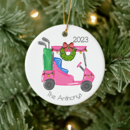 Personlig rosa golfkärra med julbelysning julgransprydnad keramik