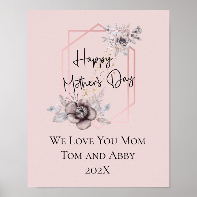 Personlig rosa grå blomsterpresent till mors dag poster (Framsidan)