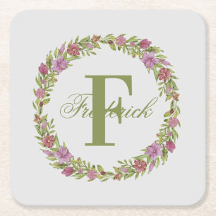 Personlig Rosa Grön Blommig Efternamn Monogram Underlägg Papper Kvadrat