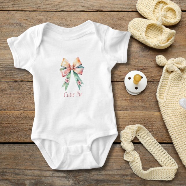 Personlig rosa grön blomsterbåge Coquette  T Shirt (Personalized Floral Bow Baby girl baby body suit. Baby shower gift, new baby gift, 1st birthday gift)