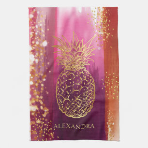 Personlig Rosa Guld Ananas Glitter Kökshandduk