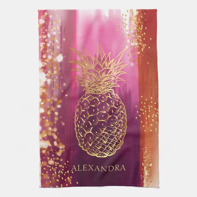 Personlig Rosa Guld Ananas Glitter Kökshandduk (Vertikal)