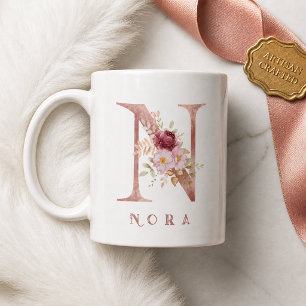 Personlig Rosa Guld Blomma Bokstav N Monogram Kaffemugg