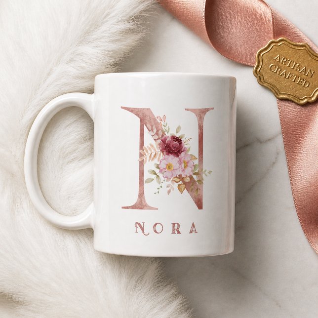 Personlig Rosa Guld Blomma Bokstav N Monogram Kaffemugg (Skapare uppladdad)