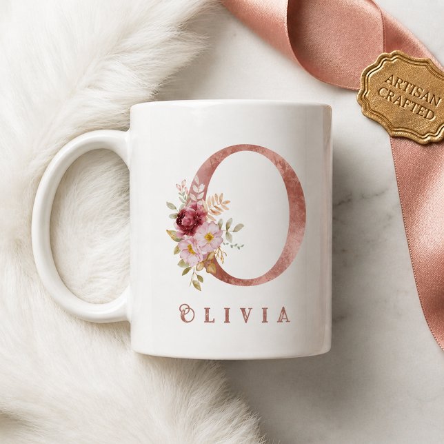 Personlig Rosa Guld Blomma Bokstav O Monogram Kaffemugg (Skapare uppladdad)
