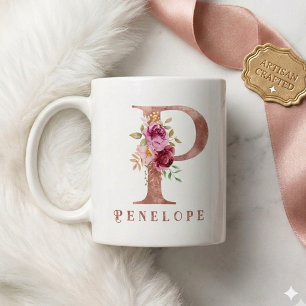 Personlig Rosa Guld Blomma Bokstav P Monogram Kaffemugg
