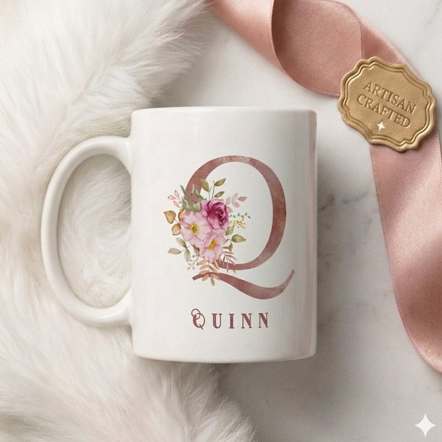 Personlig Rosa Guld Blomma Bokstav Q Monogram Kaffemugg (Skapare uppladdad)