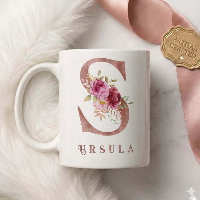 Personlig Rosa Guld Blomma Bokstav S Monogram Kaffemugg (Skapare uppladdad)