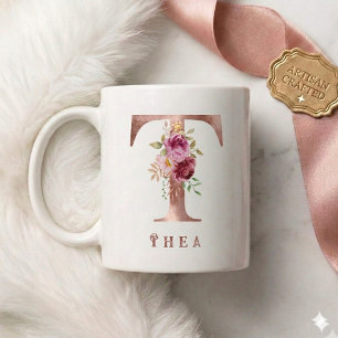 Personlig Rosa Guld Blomma Bokstav T Monogram Kaffemugg