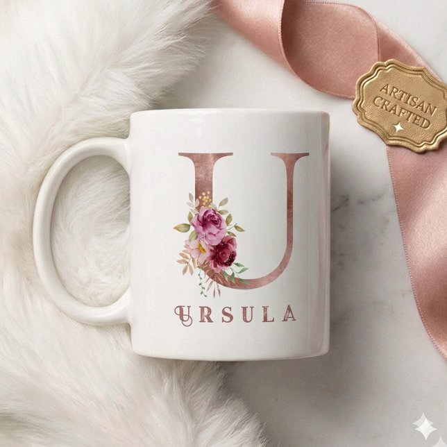 Personlig Rosa Guld Blomma Bokstav U Monogram Kaffemugg (Skapare uppladdad)