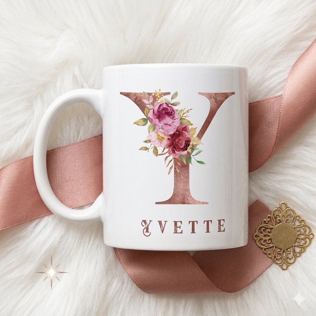 Personlig Rosa Guld Blomma Bokstav Y Monogram Kaffemugg (Skapare uppladdad)