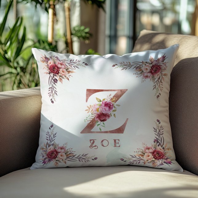 Personlig Rosa Guld Blomma Bokstav Z Monogram Kudde (Skapare uppladdad)