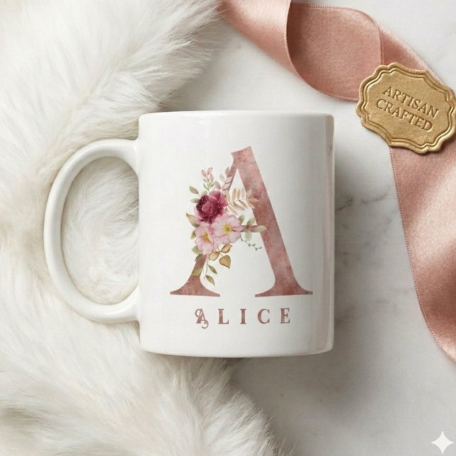 Personlig Rosa Guld Blommig Bokstav A Monogram Kaffemugg (Skapare uppladdad)
