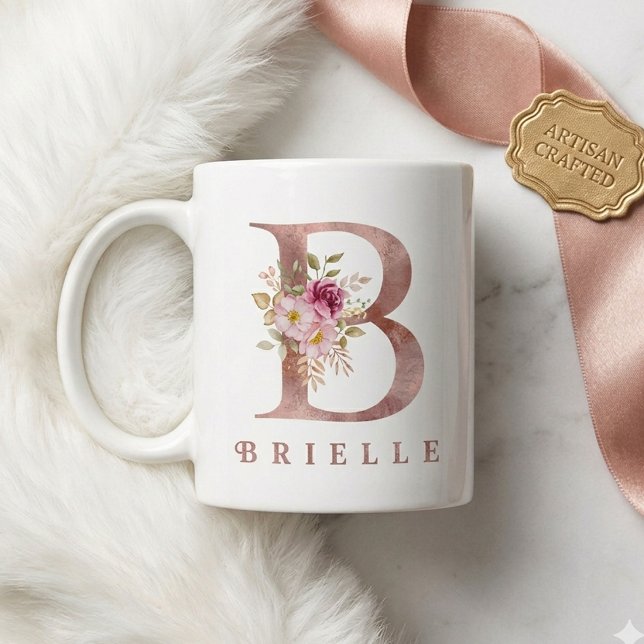 Personlig Rosa Guld Blommig Bokstav B Monogram Kaffemugg (Skapare uppladdad)