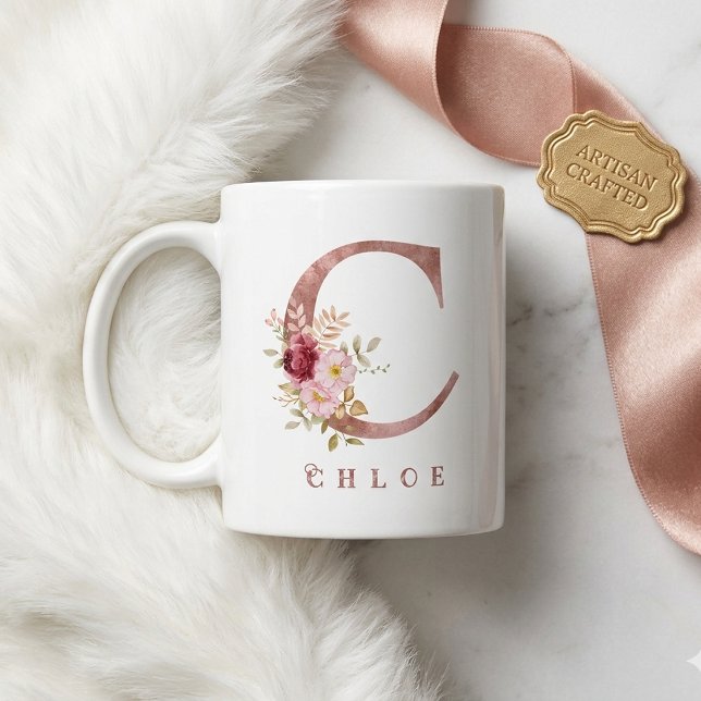 Personlig Rosa Guld Blommig Bokstav C Monogram Kaffemugg (Skapare uppladdad)