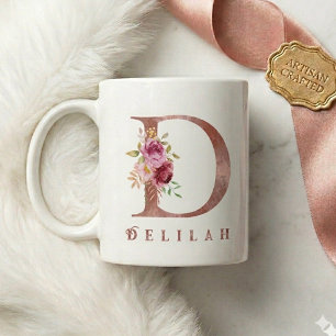 Personlig Rosa Guld Blommig Bokstav D Monogram Kaffemugg