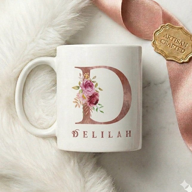 Personlig Rosa Guld Blommig Bokstav D Monogram Kaffemugg (Skapare uppladdad)