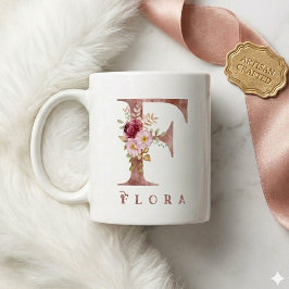 Personlig Rosa Guld Blommig Bokstav F Monogram Kaffemugg