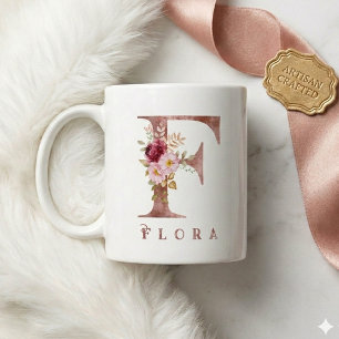 Personlig Rosa Guld Blommig Bokstav F Monogram Kaffemugg