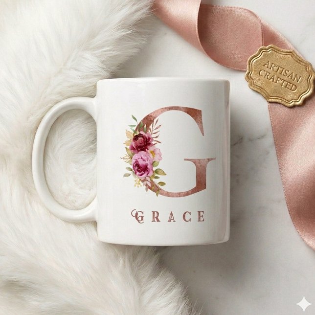 Personlig Rosa Guld Blommig Bokstav G Monogram Kaffemugg (Skapare uppladdad)