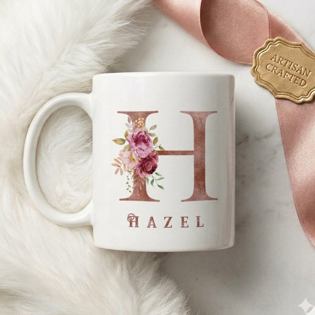 Personlig Rosa Guld Blommig Bokstav H Monogram Kaffemugg (Skapare uppladdad)