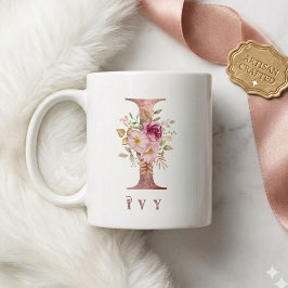 Personlig Rosa Guld Blommig Bokstav I Monogram Kaffemugg