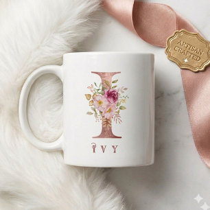 Personlig Rosa Guld Blommig Bokstav I Monogram Kaffemugg