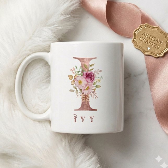 Personlig Rosa Guld Blommig Bokstav I Monogram Kaffemugg (Skapare uppladdad)