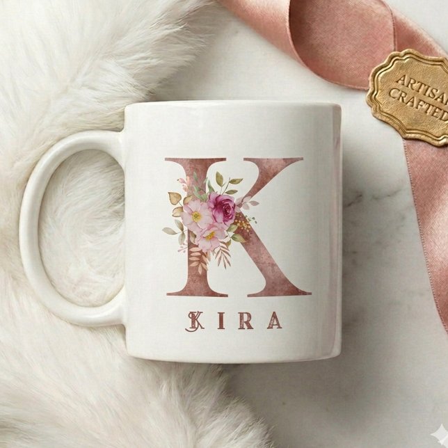 Personlig Rosa Guld Blommig Bokstav K Monogram Kaffemugg (Skapare uppladdad)