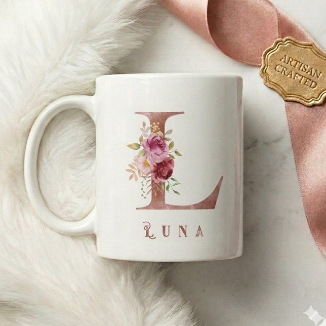 Personlig Rosa Guld Blommig Bokstav L Monogram Kaffemugg (Skapare uppladdad)