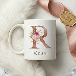 Personlig Rosa Guld Blommig Bokstav R Monogram Kaffemugg