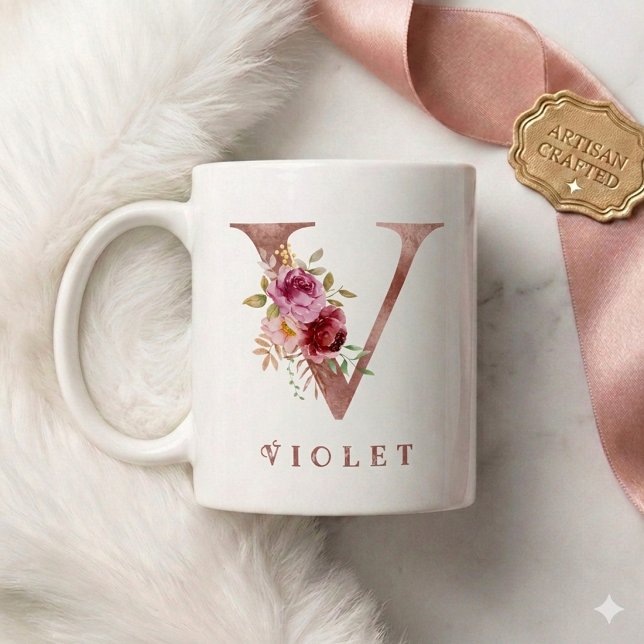 Personlig Rosa Guld Blommig Bokstav V Monogram Kaffemugg (Skapare uppladdad)