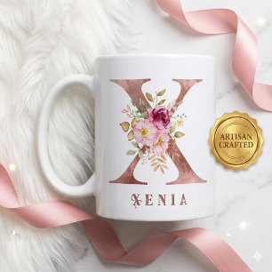 Personlig Rosa Guld Blommig Bokstav X Monogram Kaffemugg