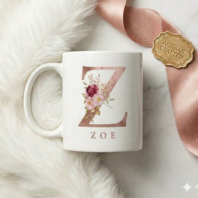 Personlig Rosa Guld Blommig Bokstav Z Monogram Kaffemugg (Skapare uppladdad)