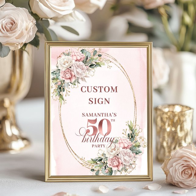 Personlig Rosa Guld Botanisk 50-årsdag   Poster (Personalized Rose Gold Botanical 50th Birthday 8x10 Sign)