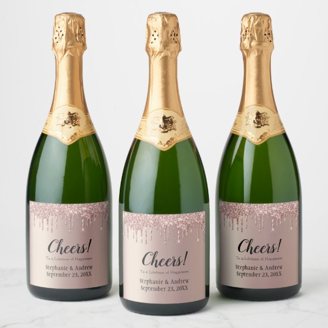 Personlig Rosa Guld Droppande Glitter Bröllop C (Flaskor)