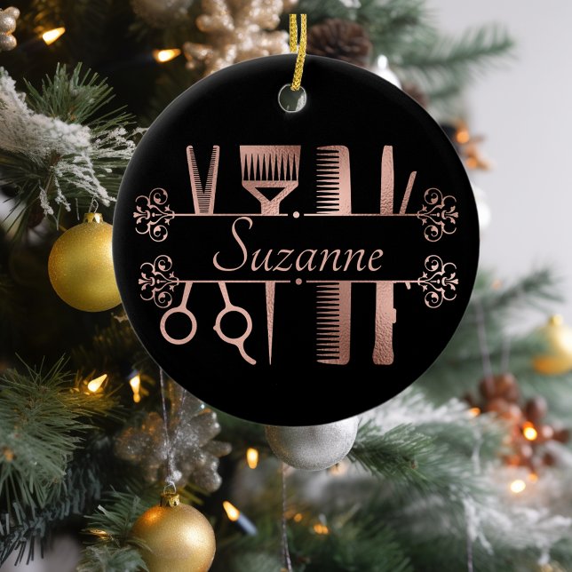 Personlig rosa guld frisör frisörskåp julgransprydnad keramik (Skapare uppladdad)