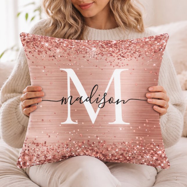 Personlig rosa guld glittermonogram kastkudde kudde (Skapare uppladdad)