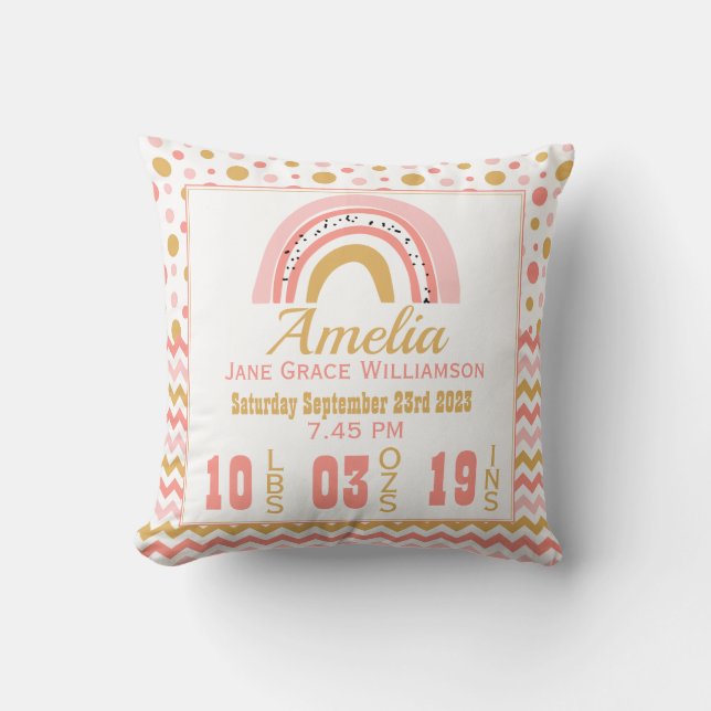 Personlig Rosa Guld Regnbåge Birth Stats Nursery Kudde (Framsida)