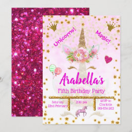 Personlig Rosa, Guld Stars Unicorn Birthday Inbjudningar