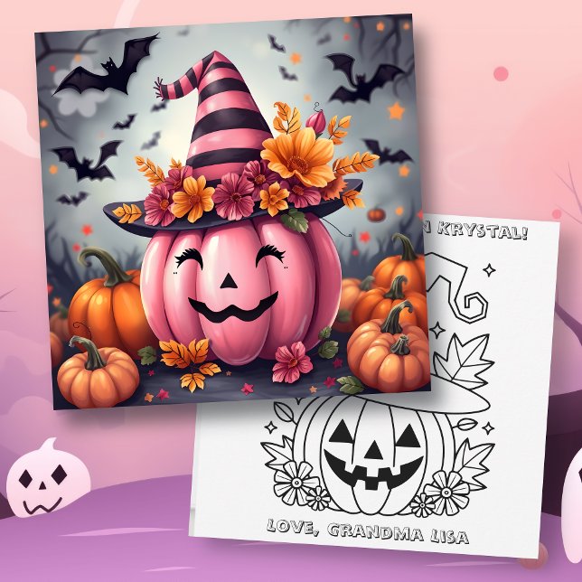 Personlig rosa Halloween-pumpa och målarbild Kort (Skapare uppladdad)