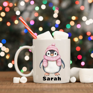 Personlig Rosa Hat Penguin-eget namn Kaffemugg