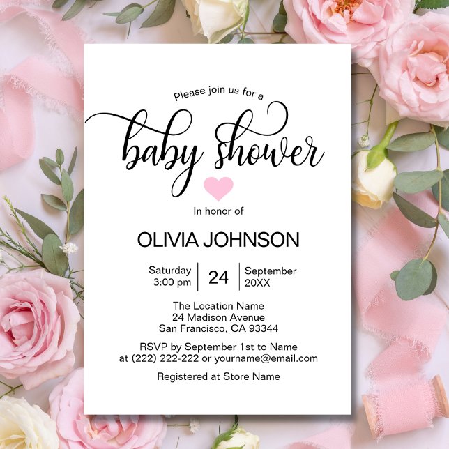 Personlig Rosa Heart White Girl Baby Shower Inbjudningar (Skapare uppladdad)