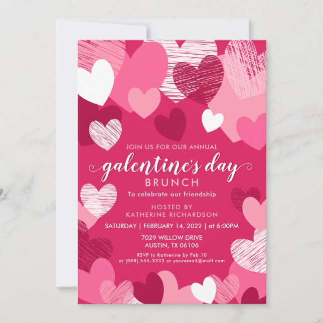 Personlig Rosa Hearts Galentine's Day Brunch Inbjudningar (Framsida)