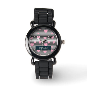 Personlig rosa hjärta och rand armbandsur