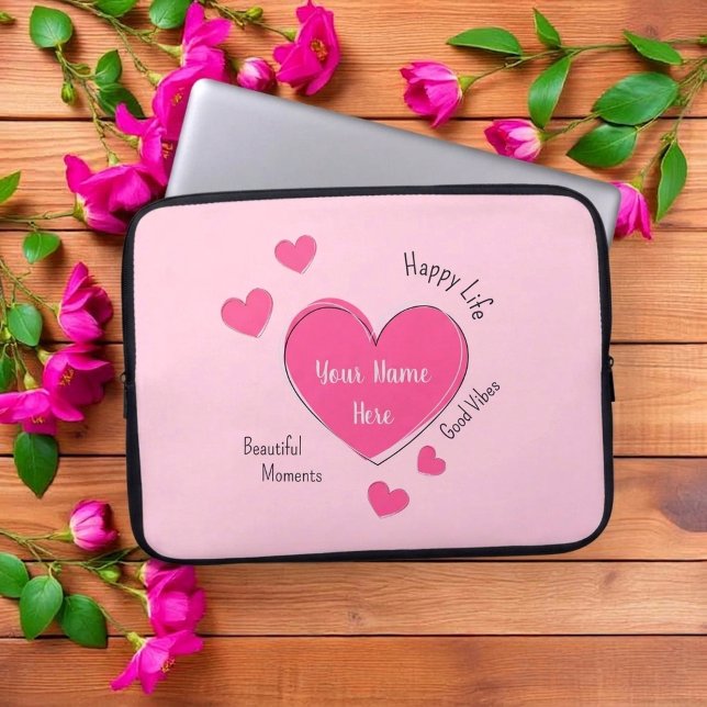 Personlig Rosa Hjärtan Bärbar Dator Fodral (Fully customizable pink hearts laptop case with editable text)