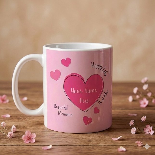 Personlig Rosa Hjärtan Kaffe Kopp (Pink ceramic mug with pink hearts and customizable texts.)